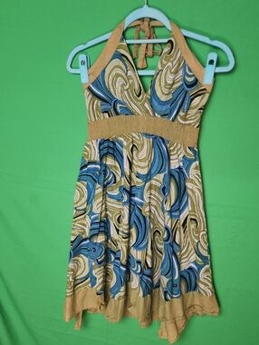 Blue & Tan Swirl Halter Sun Dress | Y2K Retro Boho Smocked Waist Sz M